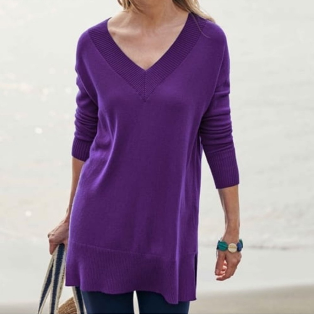 WoolOvers Cashmere & Merino Deep V Neck Tunic Purple Sweater